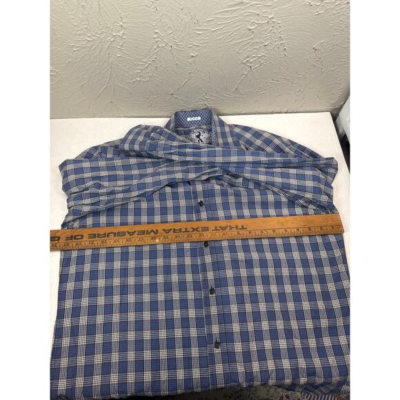 Bugatchi Shaped Fit Cotton Button Down Plaid Blue Mens Shirt Size 2XL - Picture 6 of 6